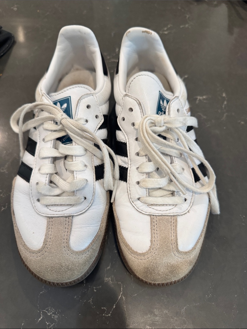 adidas girls White Black & Tan Samba-Style Leather Sneakers size 4